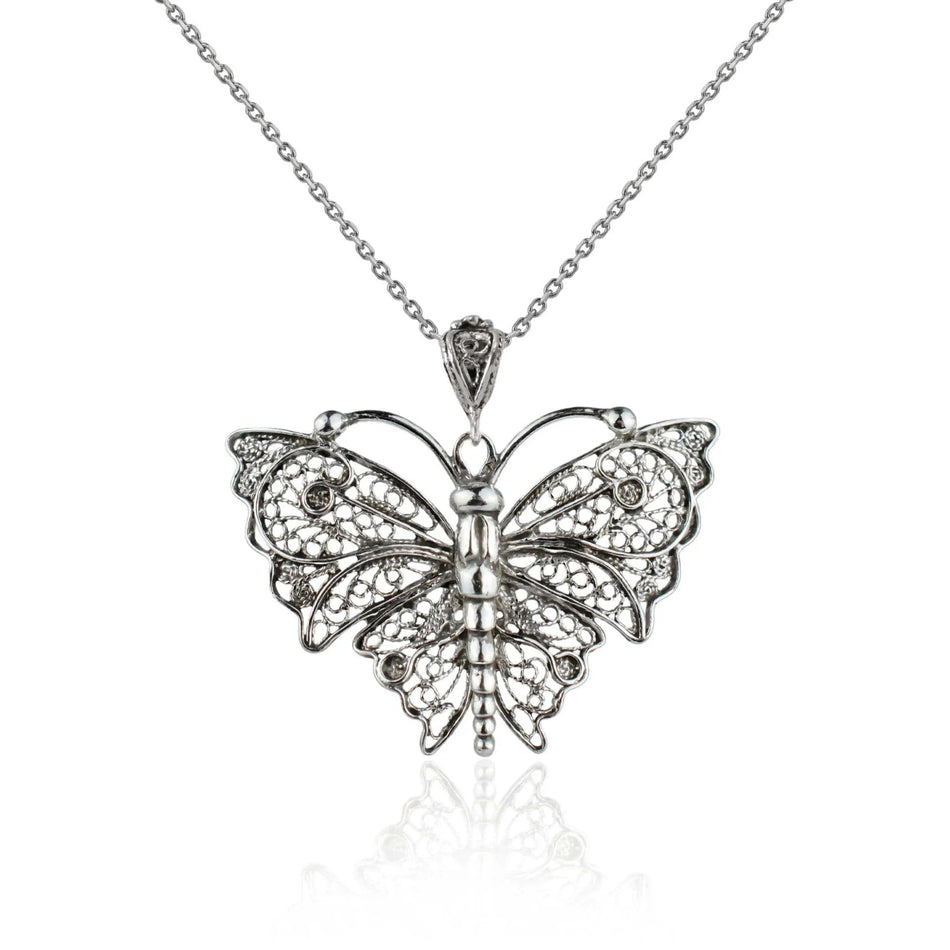 Filigree Art Butterfly Figured Women Silver Pendant Necklace - Drakoi Marketplace