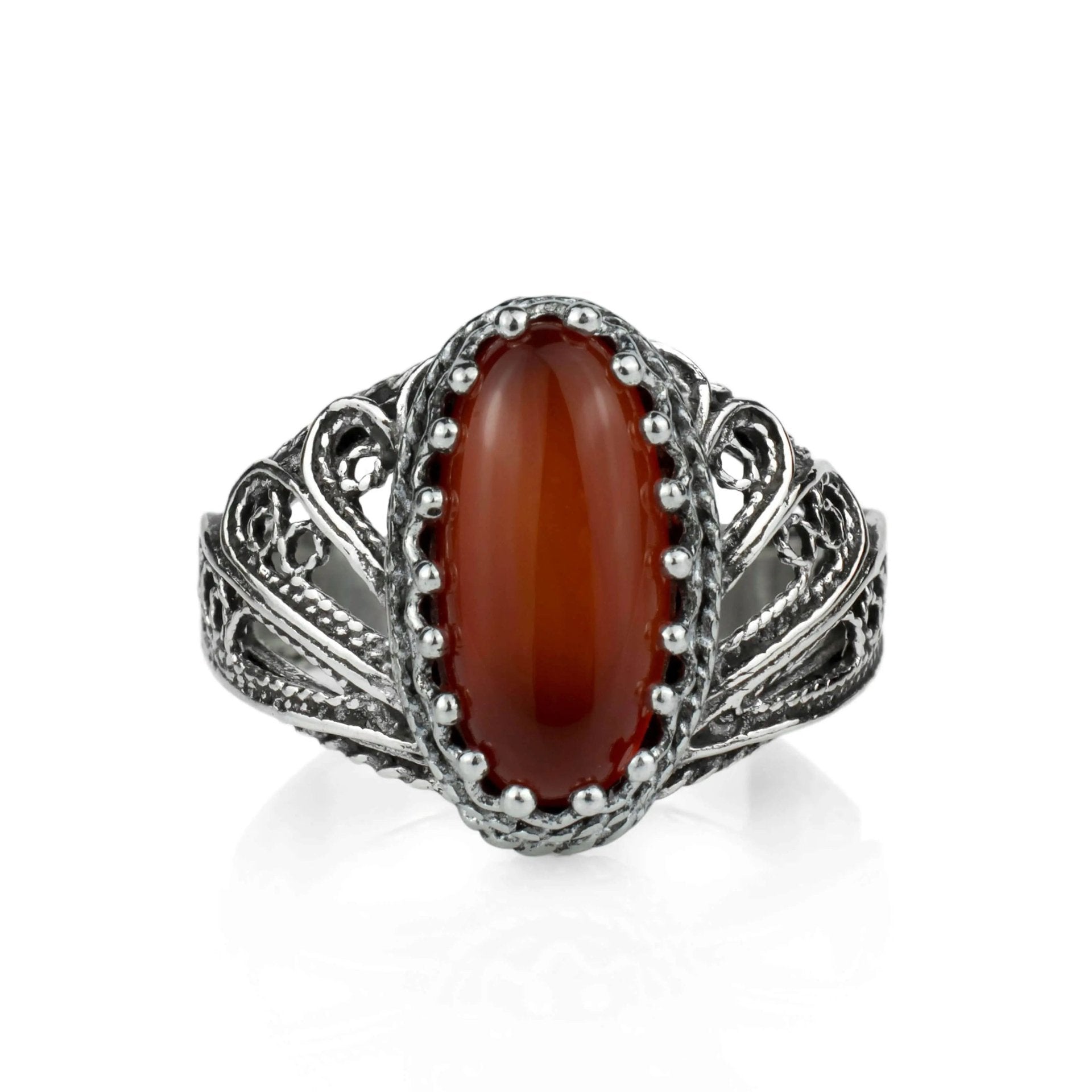 Filigree Art Carnelian Gemstone Angel Design Women Silver Cocktail Ring - Drakoi Marketplace