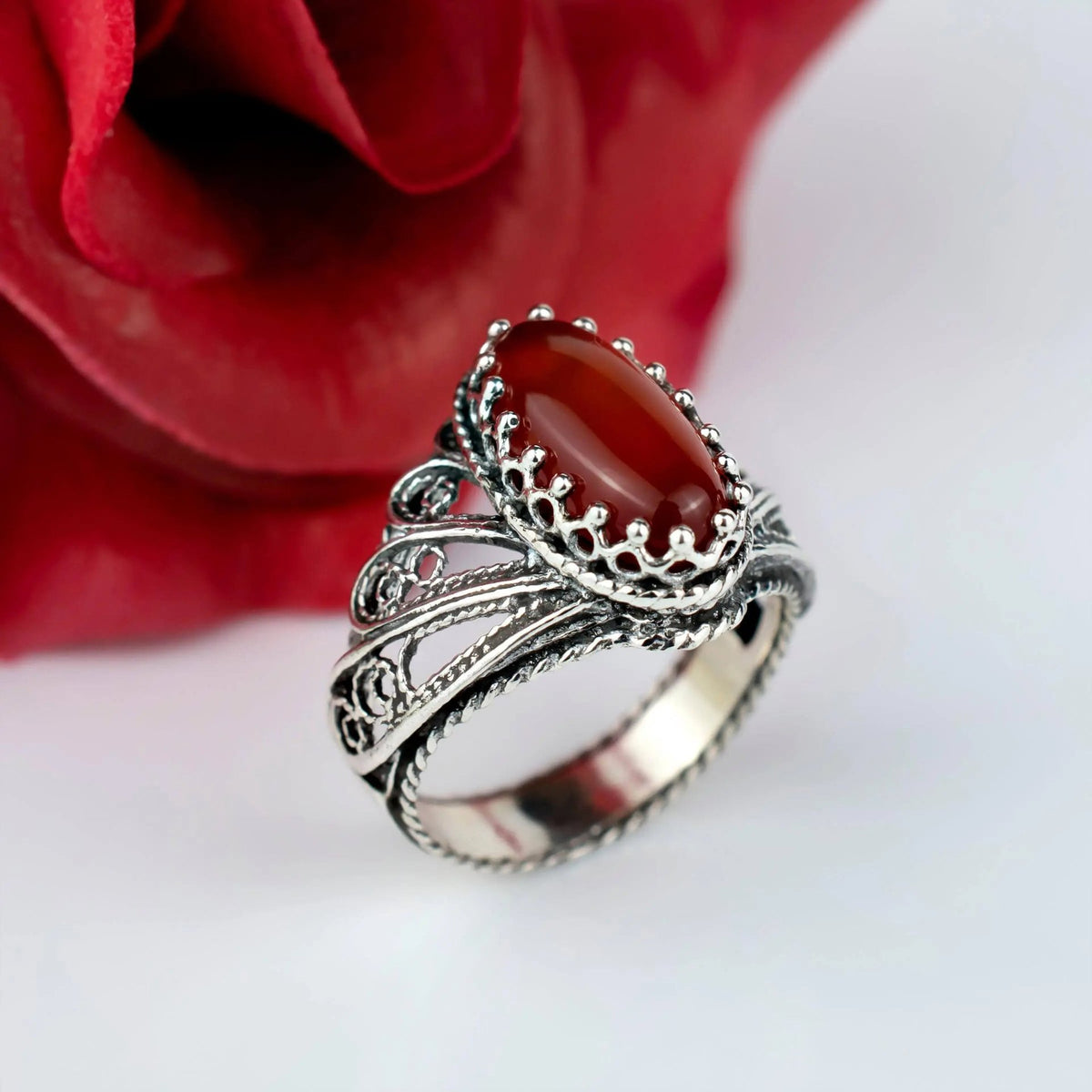 Filigree Art Carnelian Gemstone Angel Design Women Silver Cocktail Ring - Drakoi Marketplace