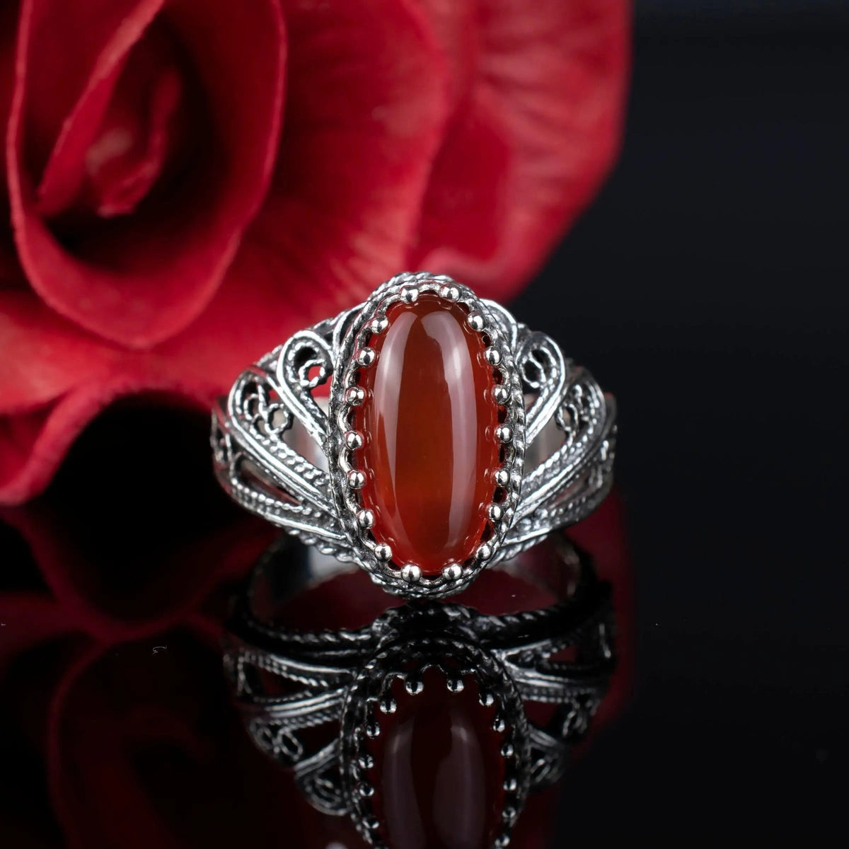 Filigree Art Carnelian Gemstone Angel Design Women Silver Cocktail Ring - Drakoi Marketplace