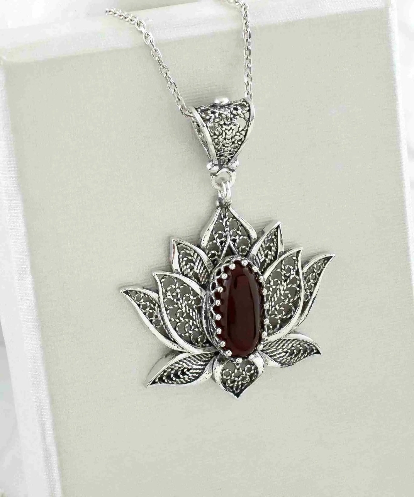 Filigree Art Carnelian Gemstone Blossoming Lotus Flower Women Silver Pendant Necklace - Drakoi Marketplace