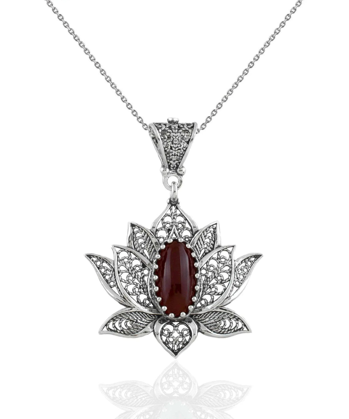 Filigree Art Carnelian Gemstone Blossoming Lotus Flower Women Silver Pendant Necklace - Drakoi Marketplace