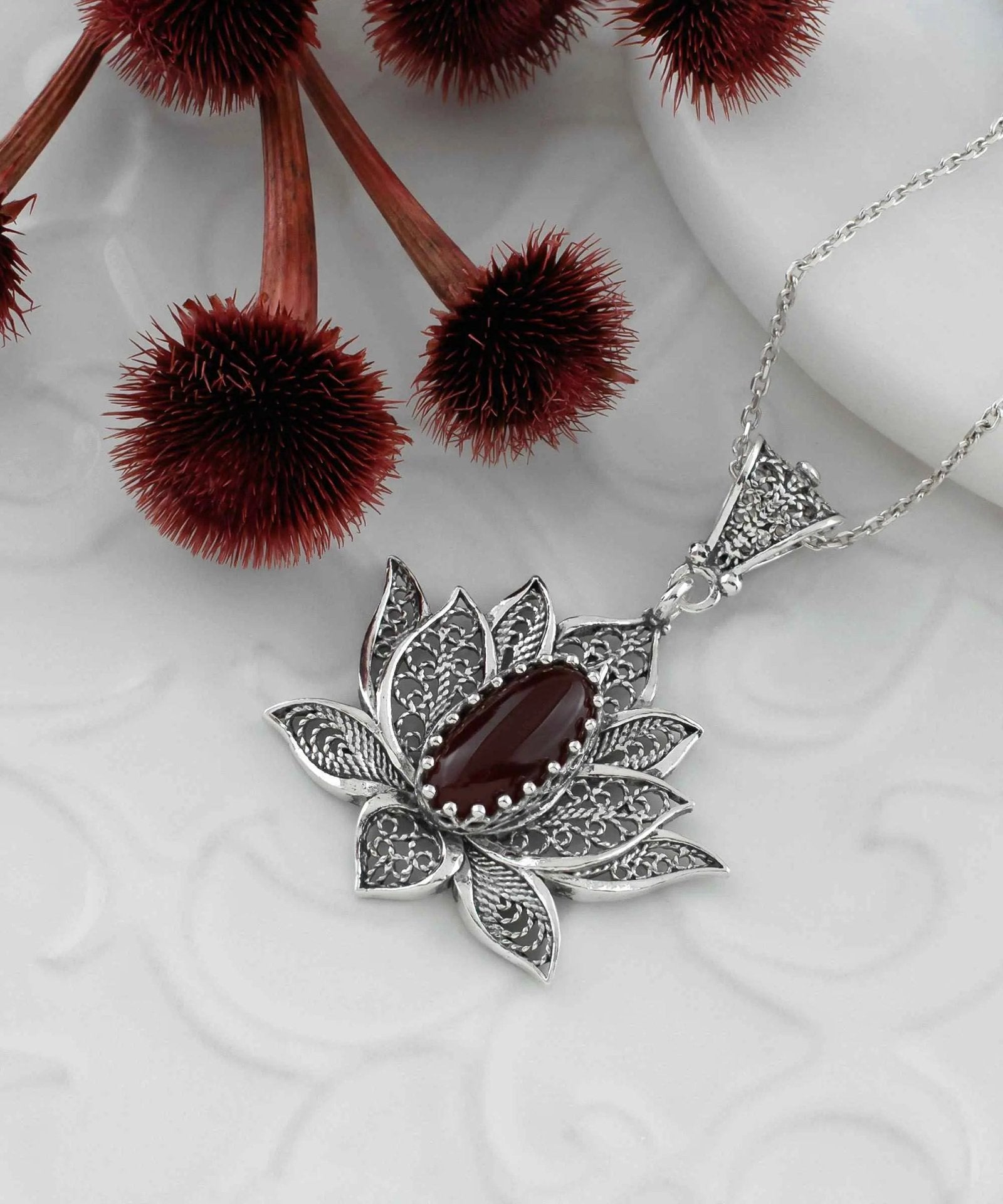 Filigree Art Carnelian Gemstone Blossoming Lotus Flower Women Silver Pendant Necklace - Drakoi Marketplace