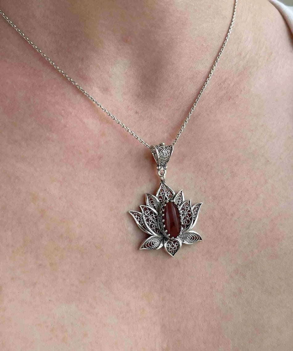 Filigree Art Carnelian Gemstone Blossoming Lotus Flower Women Silver Pendant Necklace - Drakoi Marketplace