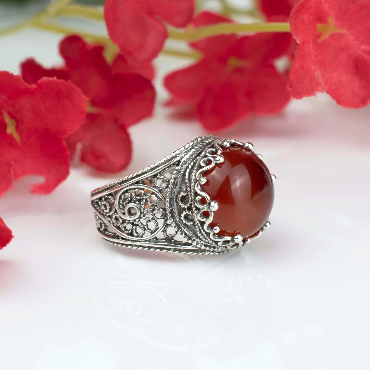 Filigree Art Carnelian Gemstone Crown Design Women Silver Statement Ring - Drakoi Marketplace