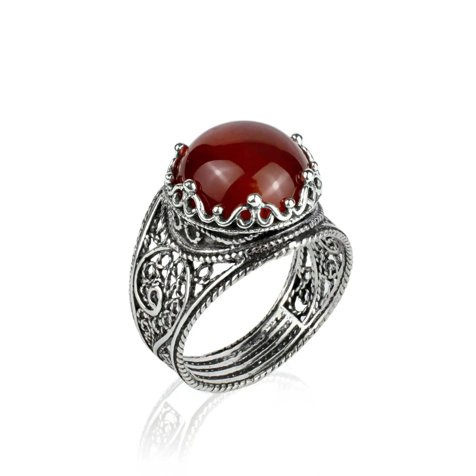 Filigree Art Carnelian Gemstone Crown Design Women Silver Statement Ring - Drakoi Marketplace