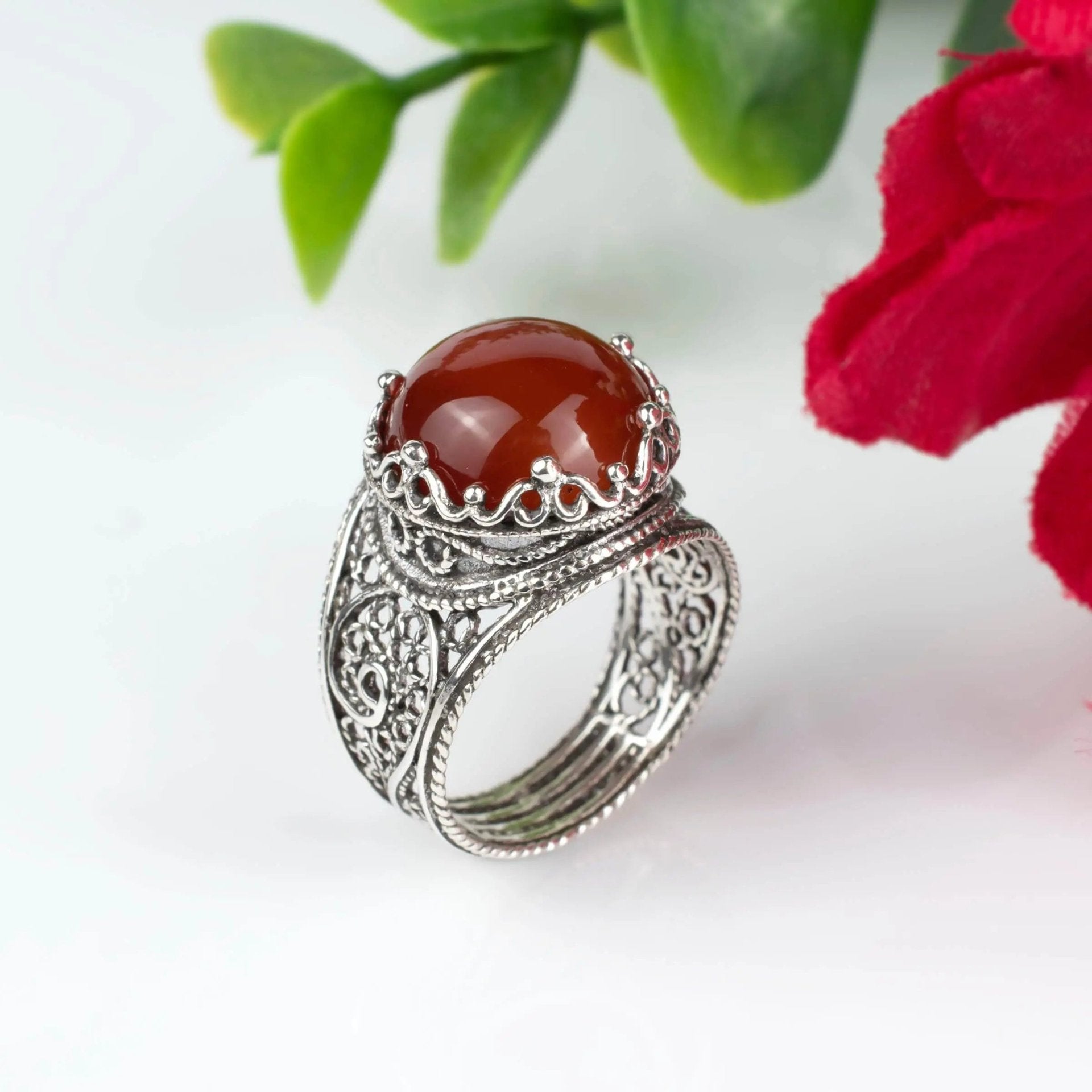 Filigree Art Carnelian Gemstone Crown Design Women Silver Statement Ring - Drakoi Marketplace