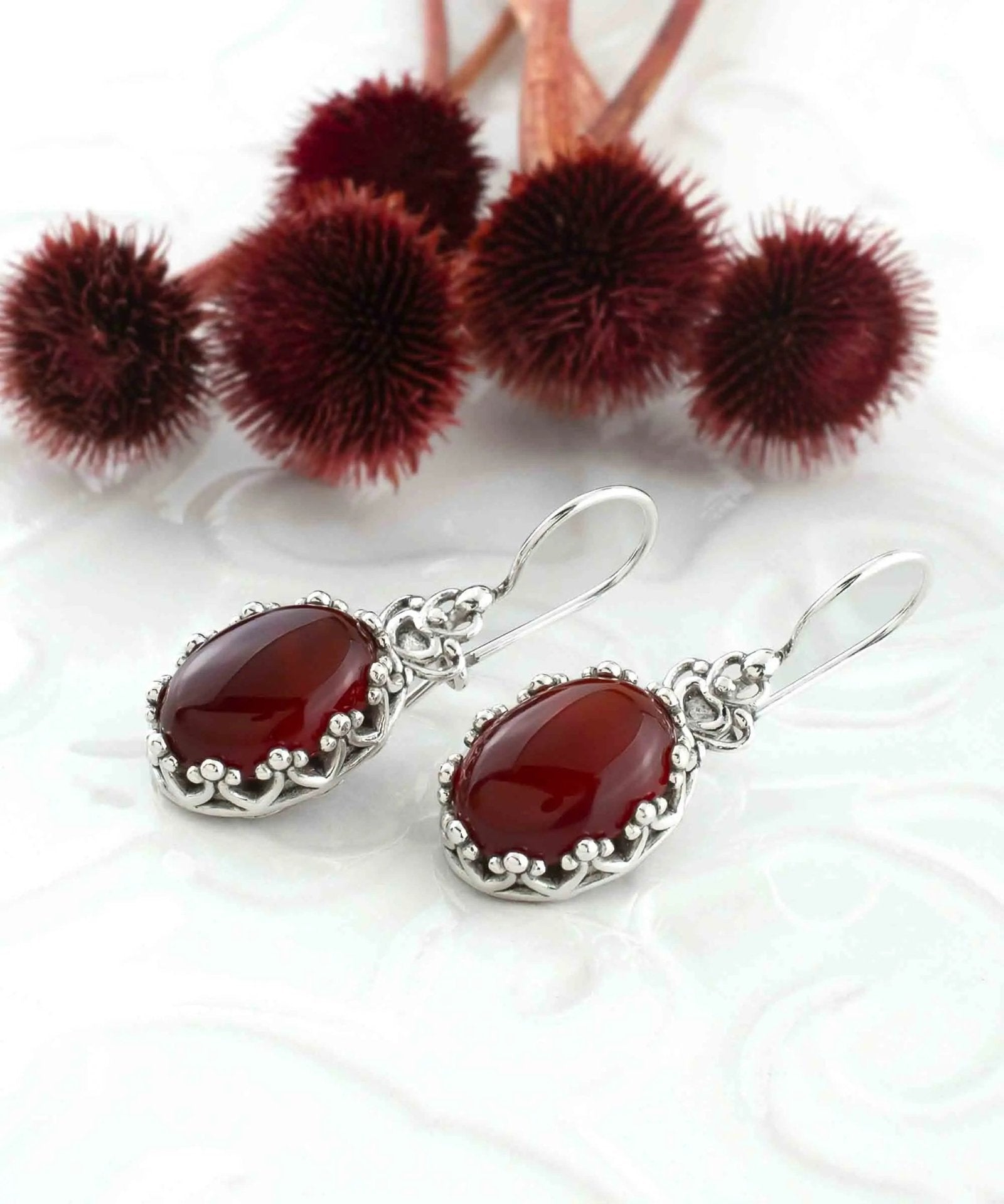 Filigree Art Carnelian Gemstone Crown Figured Women Silver Oval Drop Earrings - Drakoi Marketplace