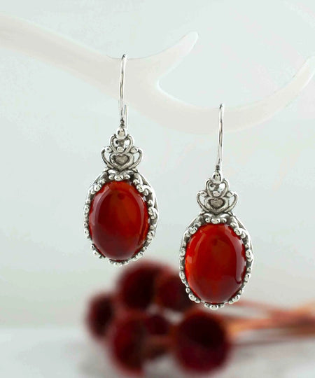 Filigree Art Carnelian Gemstone Crown Figured Women Silver Oval Drop Earrings - Drakoi Marketplace