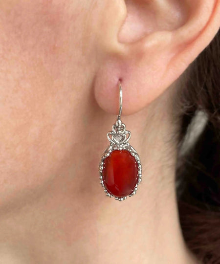 Filigree Art Carnelian Gemstone Crown Figured Women Silver Oval Drop Earrings - Drakoi Marketplace