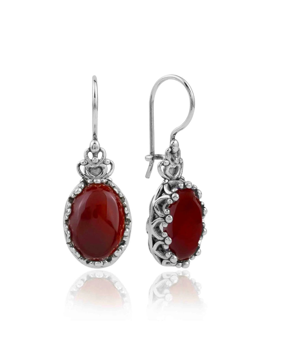 Filigree Art Carnelian Gemstone Crown Figured Women Silver Oval Drop Earrings - Drakoi Marketplace