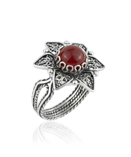 Filigree Art Carnelian Gemstone Daisy Flower Women Silver Cocktail Ring - Drakoi Marketplace