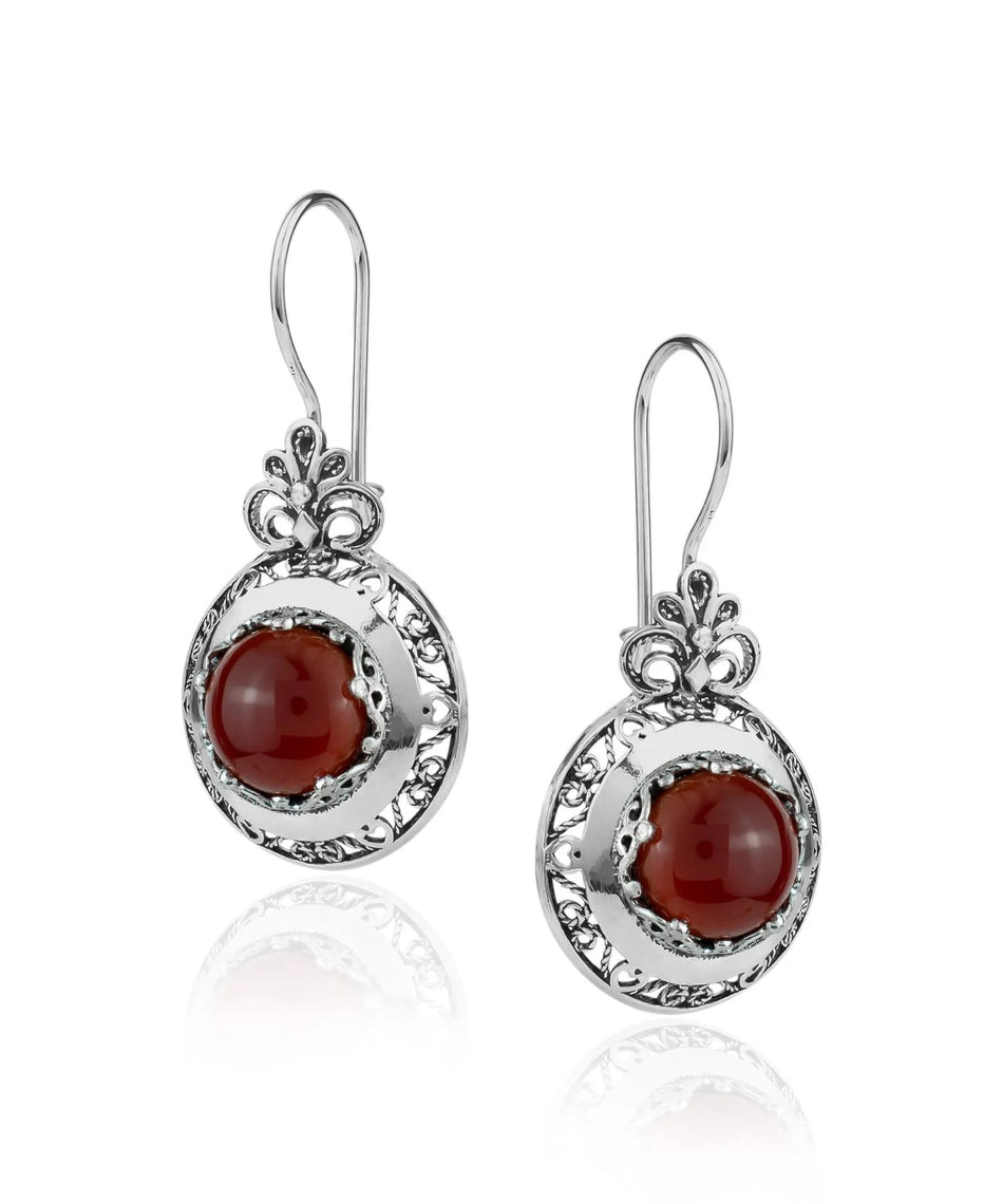 Filigree Art Carnelian Gemstone Floral Design Women Silver Drop Earrings - Drakoi Marketplace