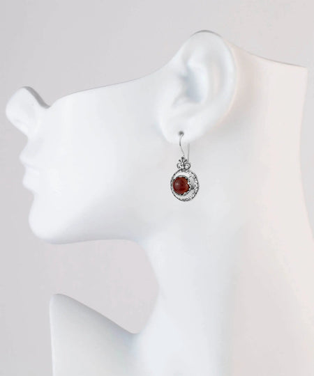 Filigree Art Carnelian Gemstone Floral Design Women Silver Drop Earrings - Drakoi Marketplace