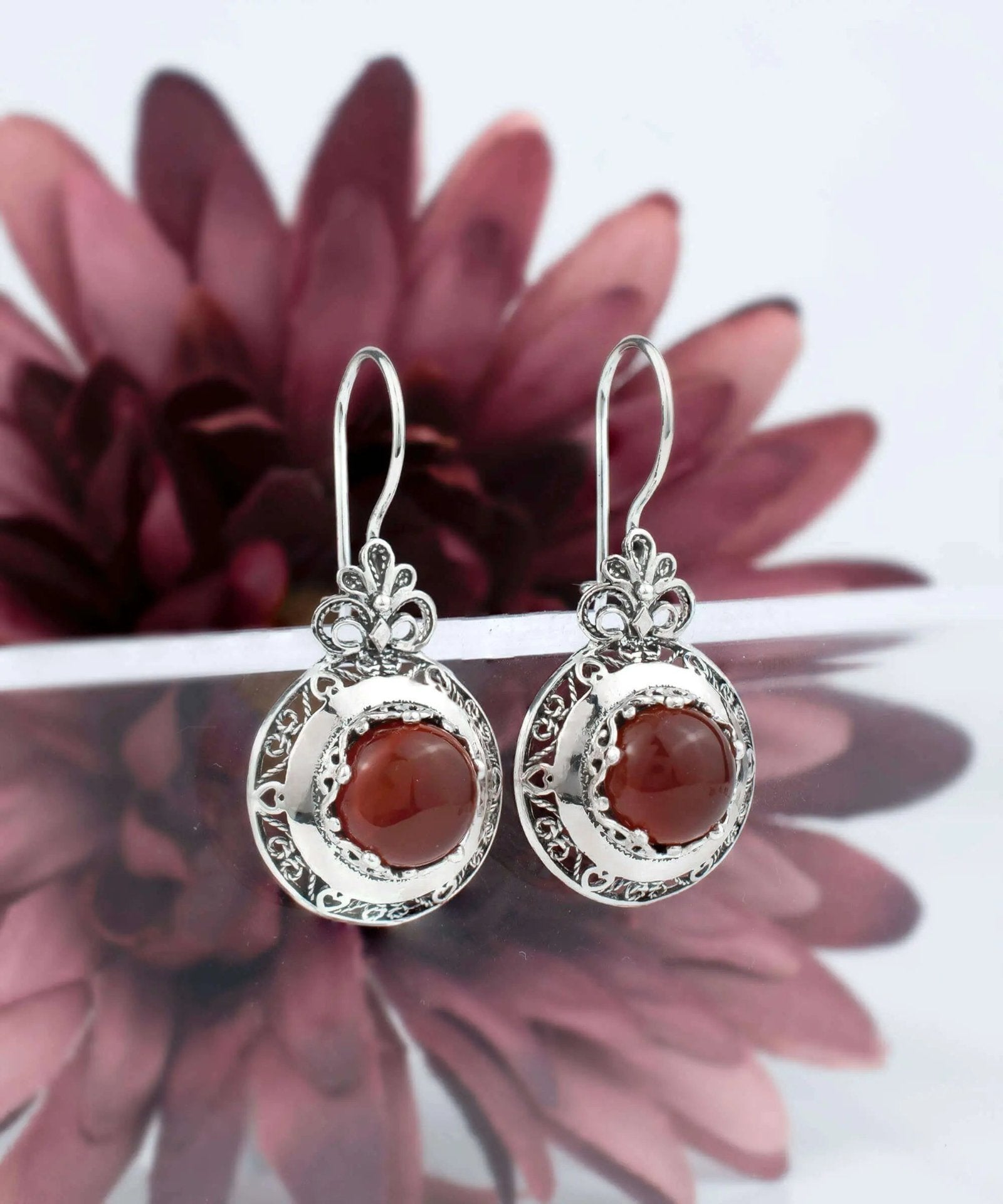 Filigree Art Carnelian Gemstone Floral Design Women Silver Drop Earrings - Drakoi Marketplace