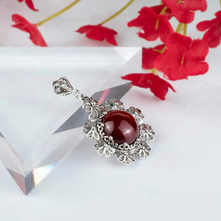 Filigree Art Carnelian Gemstone Floral Design Women Silver Pendant Necklace - Drakoi Marketplace