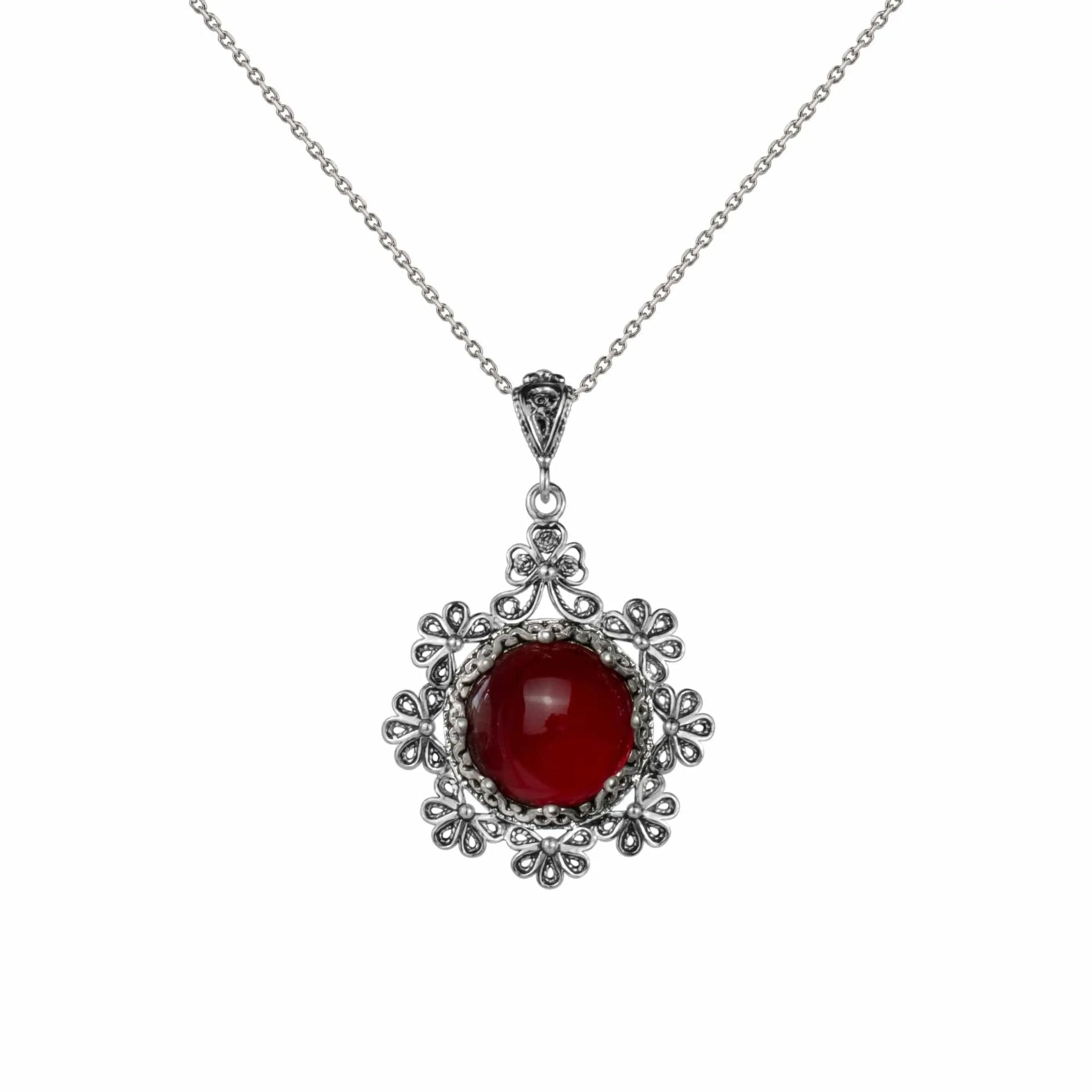 Filigree Art Carnelian Gemstone Floral Design Women Silver Pendant Necklace - Drakoi Marketplace