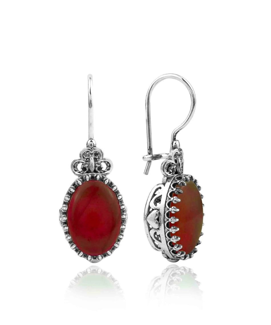 Filigree Art Carnelian Gemstone Heart Detailed Women Silver Oval Drop Earrings - Drakoi Marketplace