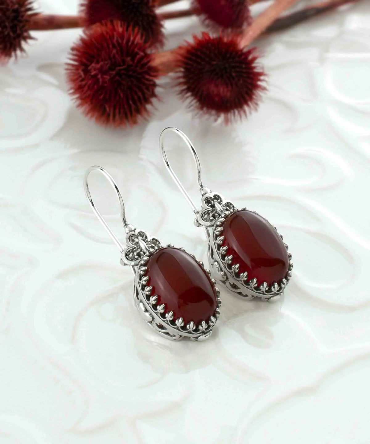 Filigree Art Carnelian Gemstone Heart Detailed Women Silver Oval Drop Earrings - Drakoi Marketplace