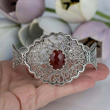 Filigree Art Carnelian Gemstone Lace Detailed Women Silver Cuff Bracelet - Drakoi Marketplace