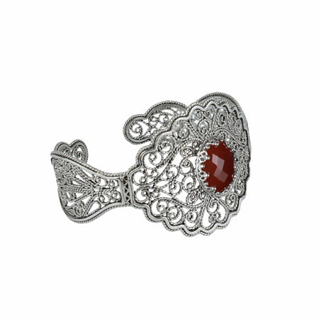 Filigree Art Carnelian Gemstone Lace Detailed Women Silver Cuff Bracelet - Drakoi Marketplace