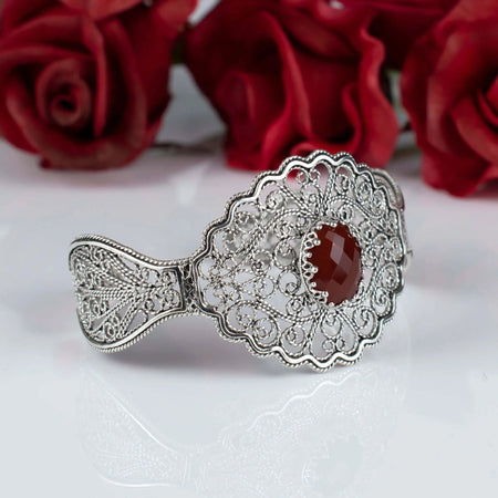 Filigree Art Carnelian Gemstone Lace Detailed Women Silver Cuff Bracelet - Drakoi Marketplace