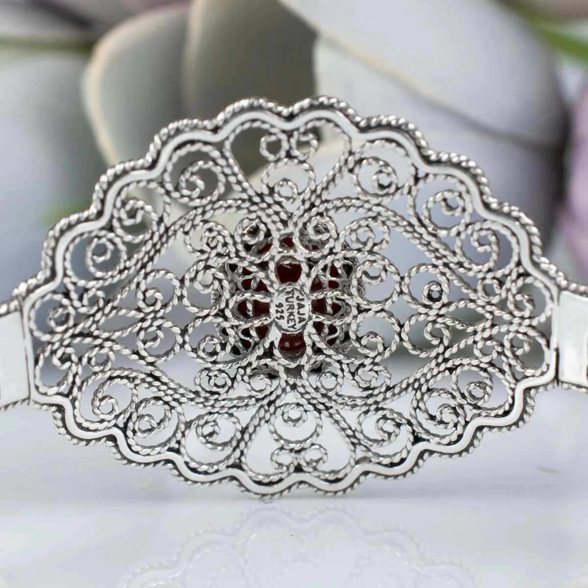 Filigree Art Carnelian Gemstone Lace Detailed Women Silver Cuff Bracelet - Drakoi Marketplace