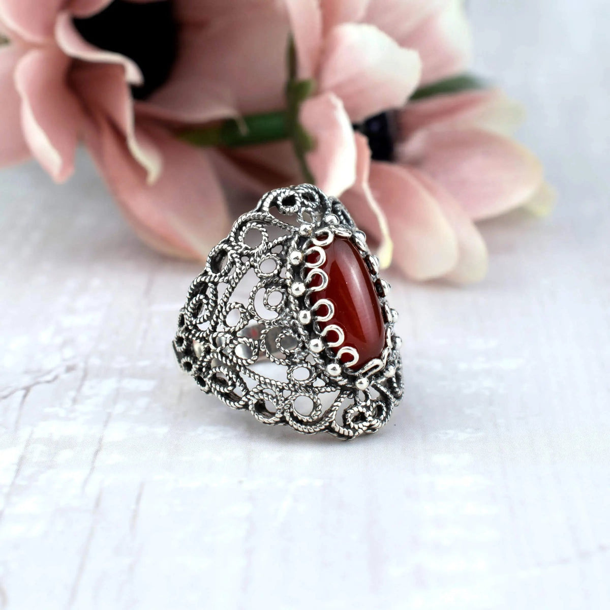 Filigree Art Carnelian Gemstone Lace Detailed Women Silver Statement Ring - Drakoi Marketplace