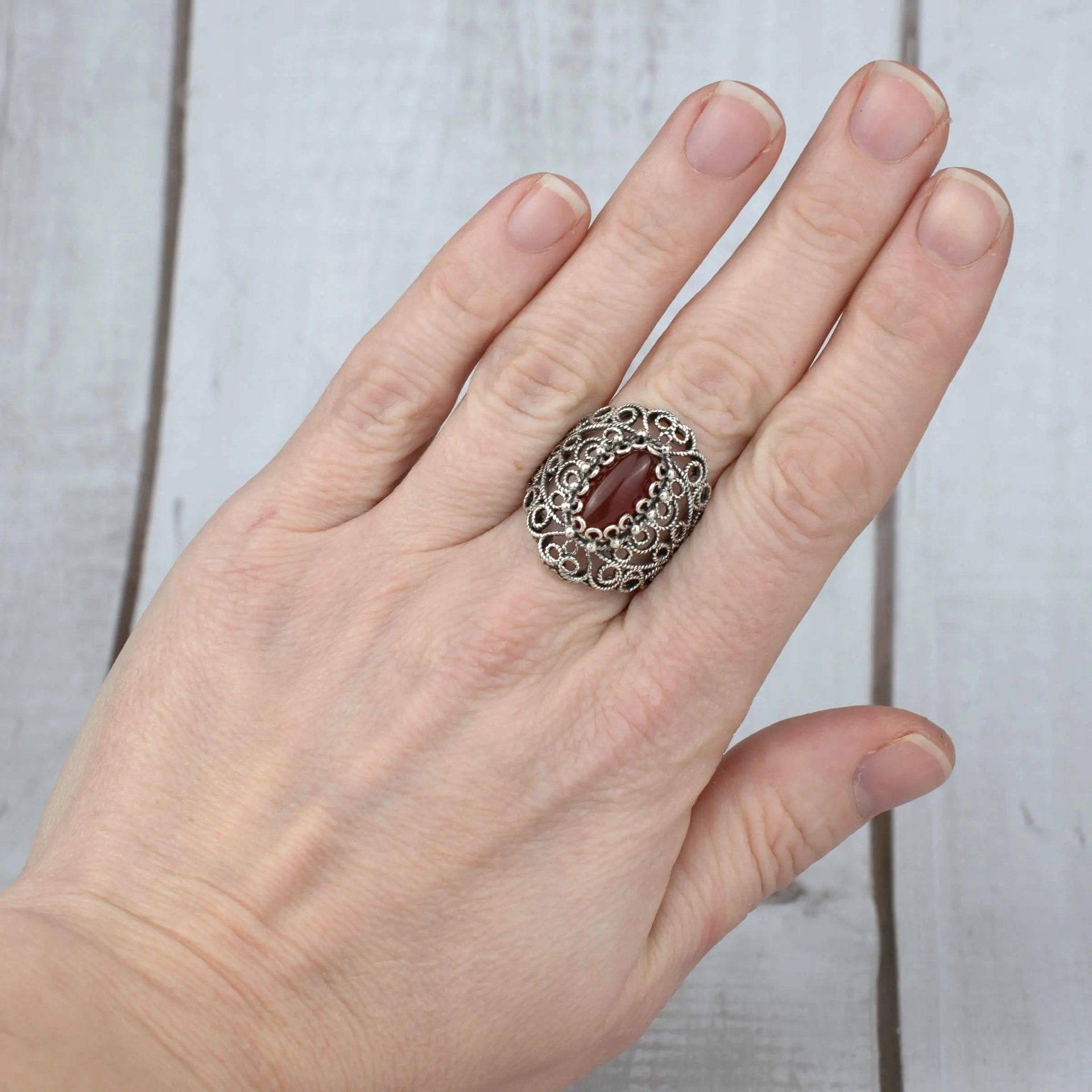 Filigree Art Carnelian Gemstone Lace Detailed Women Silver Statement Ring - Drakoi Marketplace