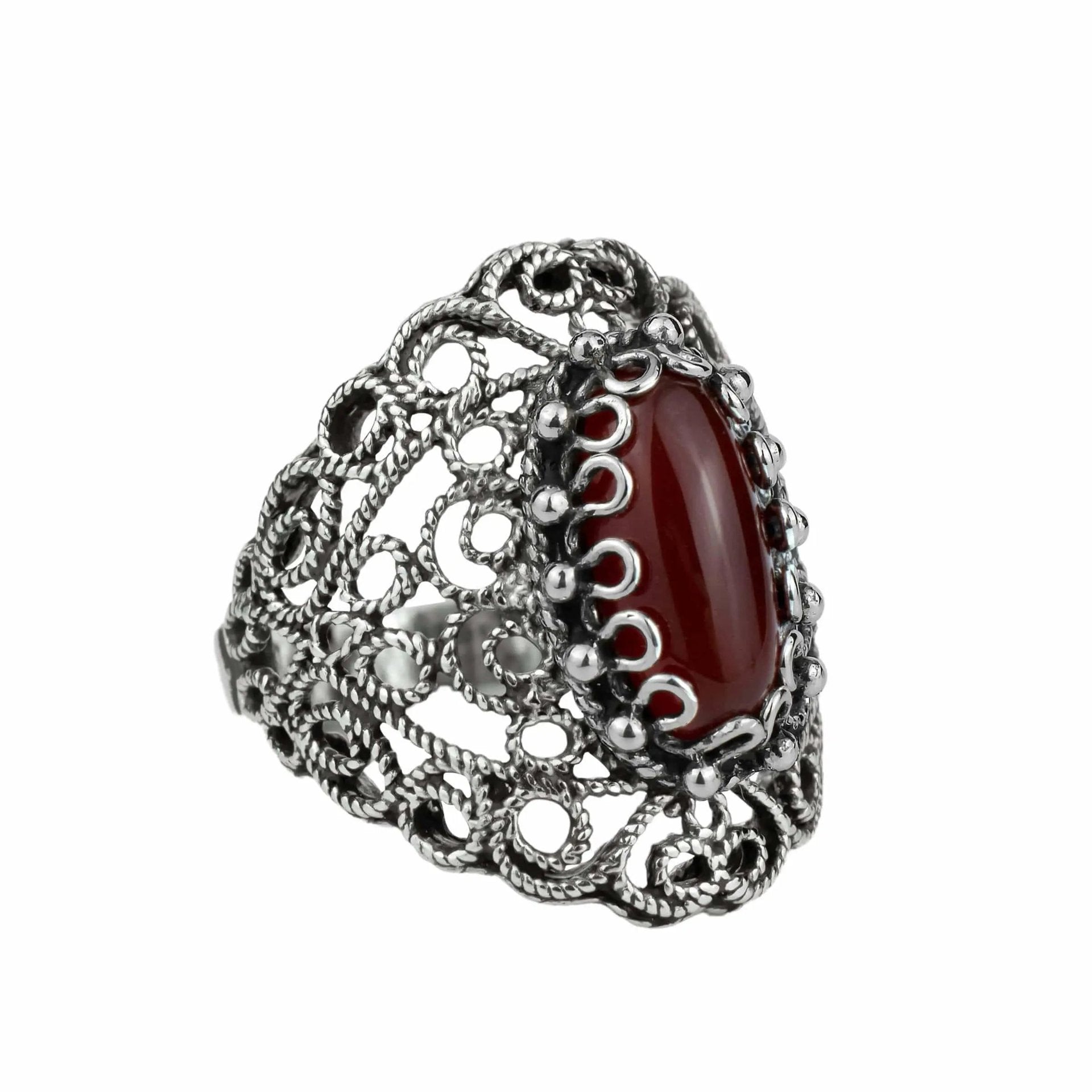 Filigree Art Carnelian Gemstone Lace Detailed Women Silver Statement Ring - Drakoi Marketplace