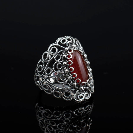 Filigree Art Carnelian Gemstone Lace Detailed Women Silver Statement Ring - Drakoi Marketplace