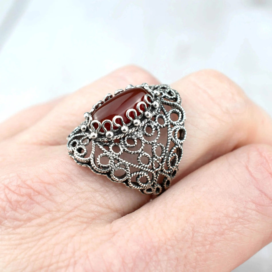 Filigree Art Carnelian Gemstone Lace Detailed Women Silver Statement Ring - Drakoi Marketplace