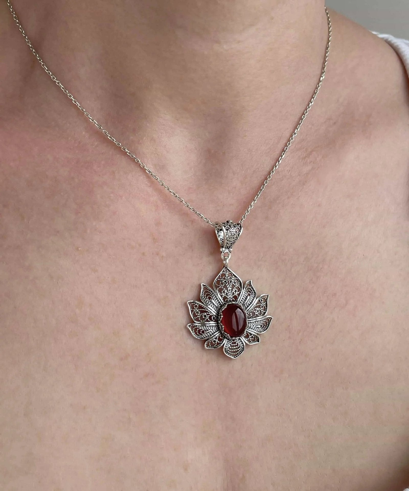 Filigree Art Carnelian Gemstone Lotus Flower Women Silver Pendant Necklace - Drakoi Marketplace