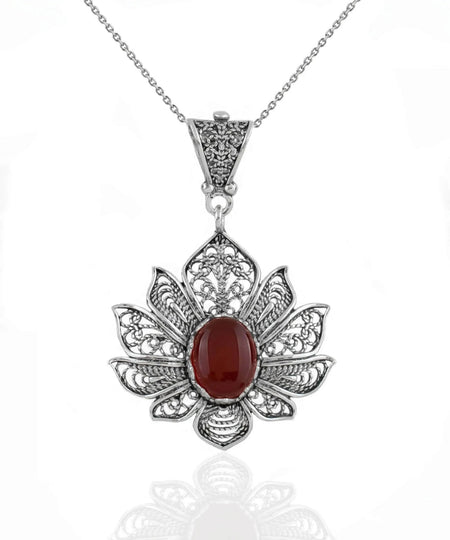 Filigree Art Carnelian Gemstone Lotus Flower Women Silver Pendant Necklace - Drakoi Marketplace