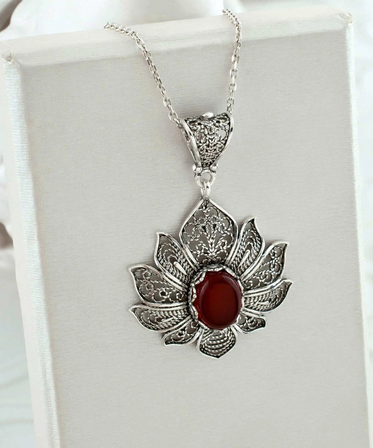 Filigree Art Carnelian Gemstone Lotus Flower Women Silver Pendant Necklace - Drakoi Marketplace