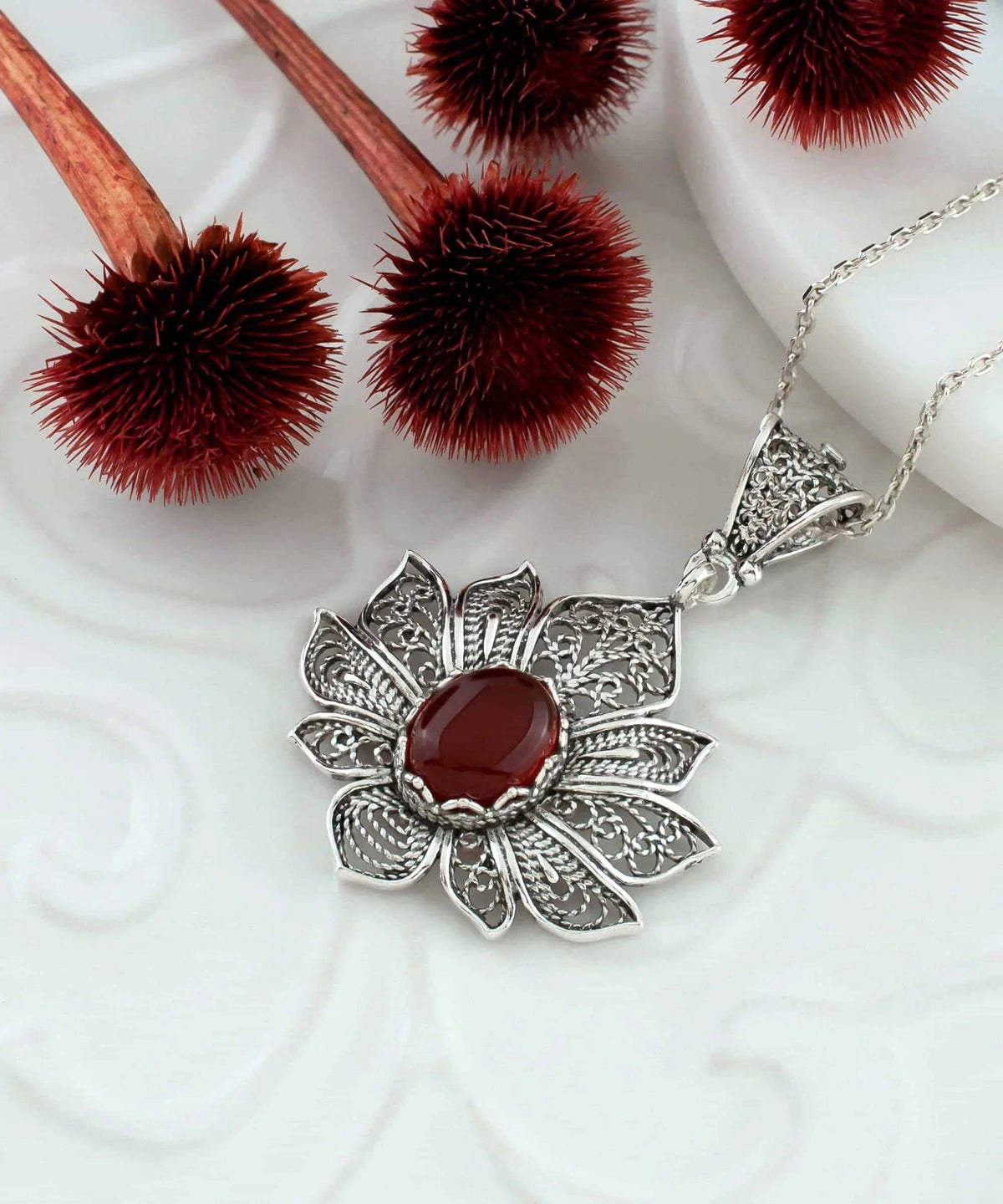 Filigree Art Carnelian Gemstone Lotus Flower Women Silver Pendant Necklace - Drakoi Marketplace