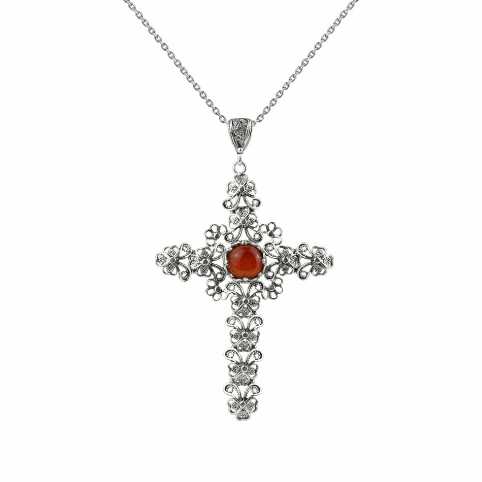 Filigree Art Carnelian Gemstone Silver Cross Design Women Pendant Necklace - Drakoi Marketplace