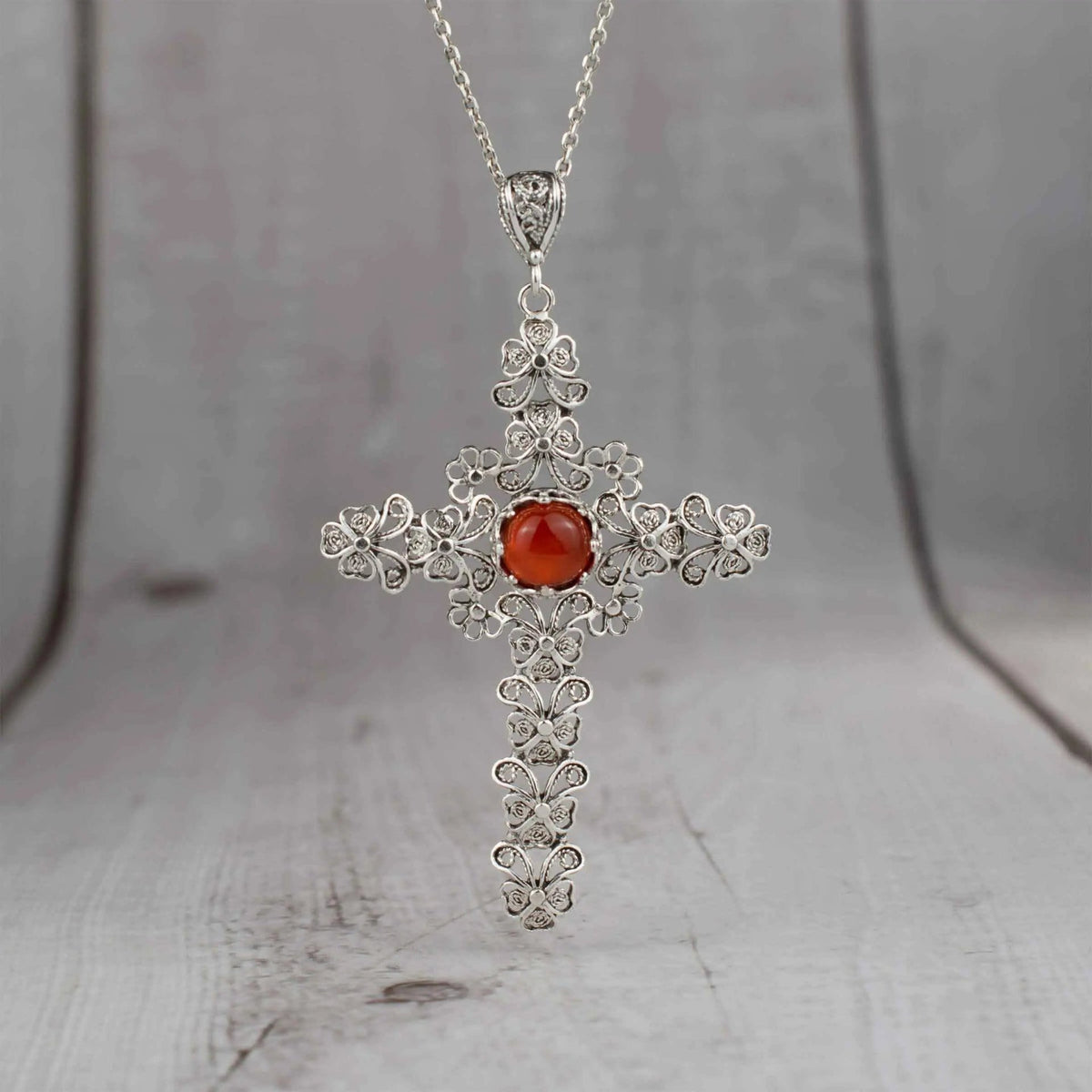 Filigree Art Carnelian Gemstone Silver Cross Design Women Pendant Necklace - Drakoi Marketplace