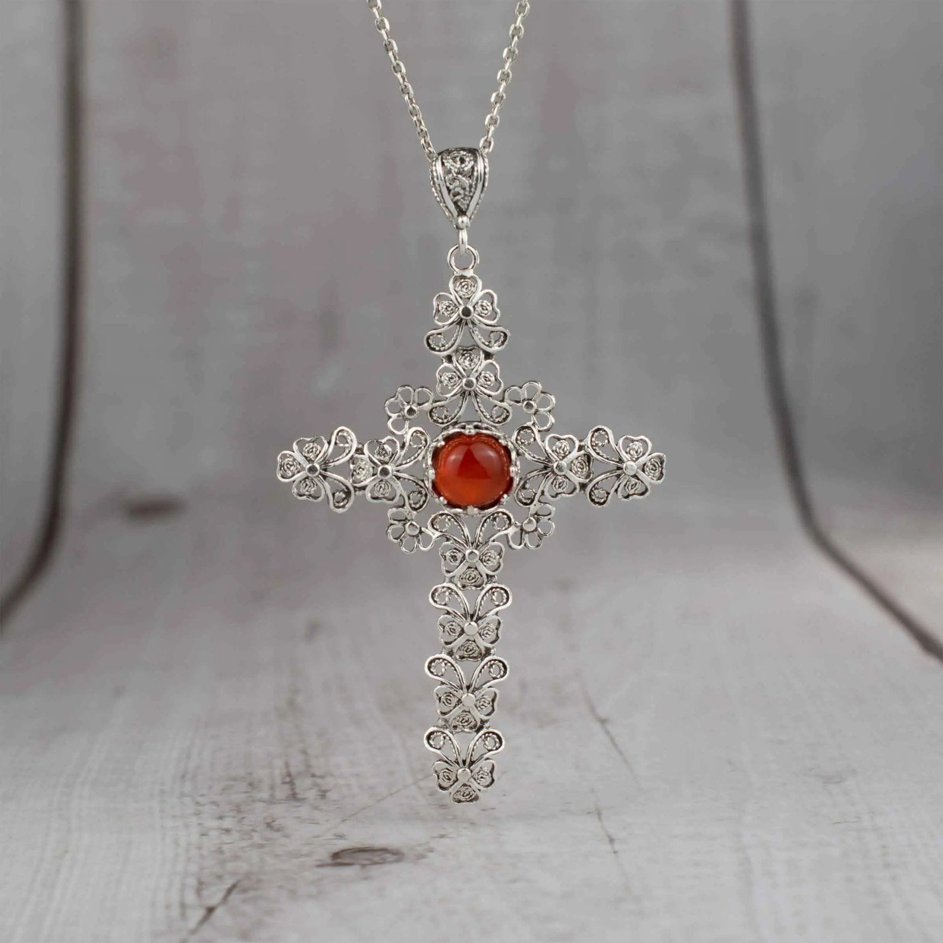 Filigree Art Carnelian Gemstone Silver Cross Design Women Pendant Necklace - Drakoi Marketplace