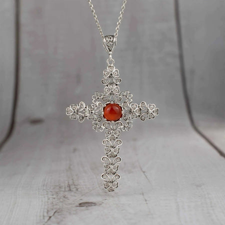 Filigree Art Carnelian Gemstone Silver Cross Design Women Pendant Necklace - Drakoi Marketplace