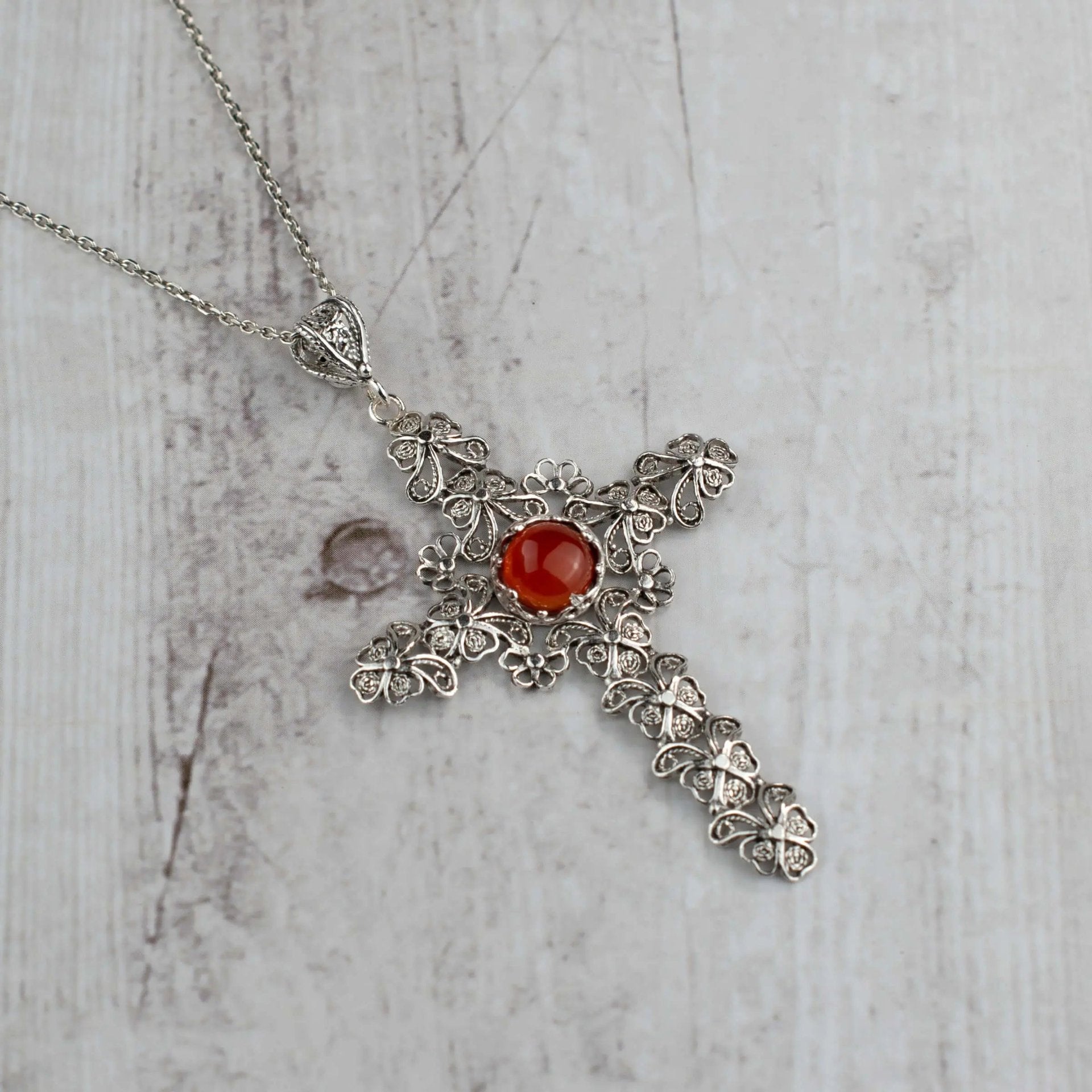 Filigree Art Carnelian Gemstone Silver Cross Design Women Pendant Necklace - Drakoi Marketplace