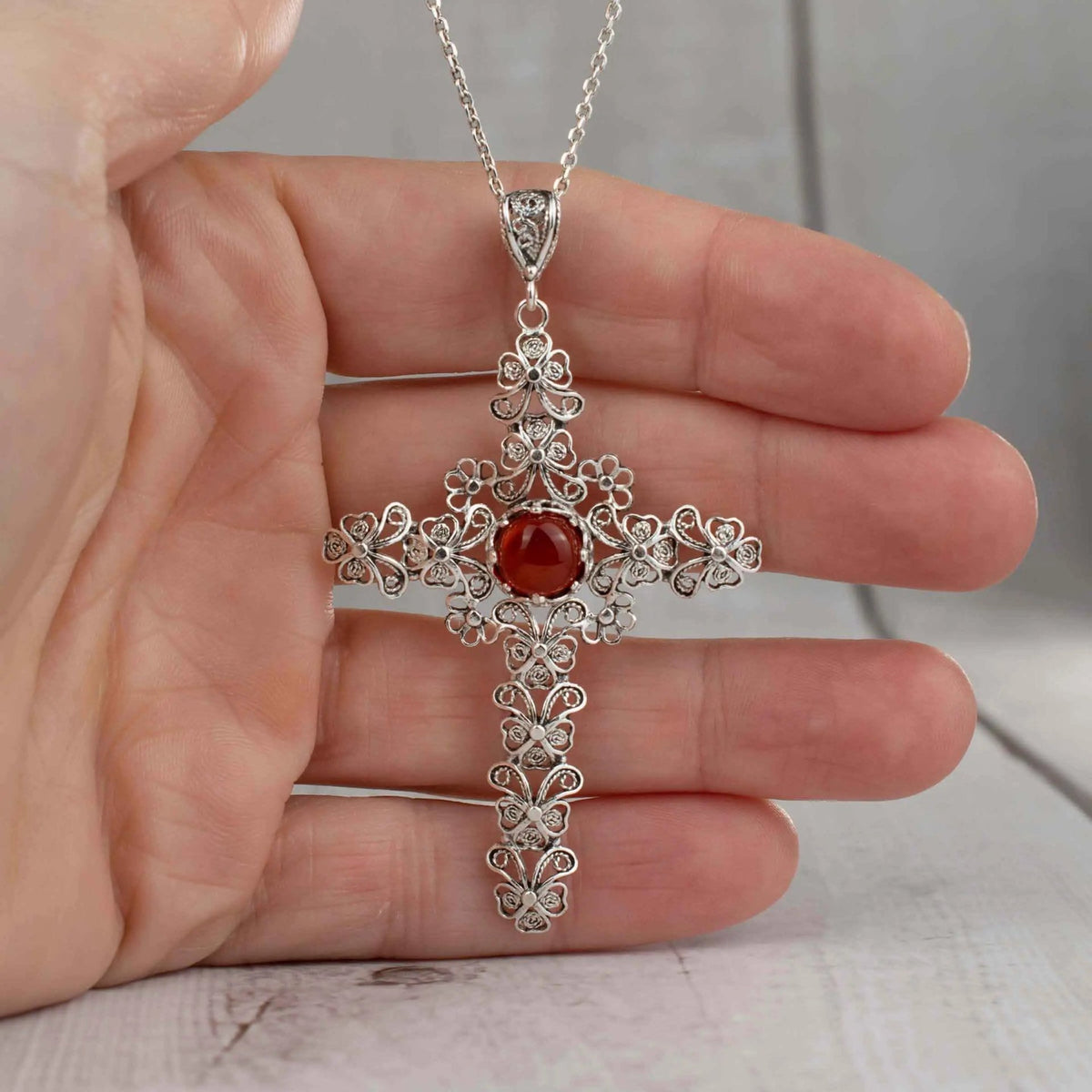 Filigree Art Carnelian Gemstone Silver Cross Design Women Pendant Necklace - Drakoi Marketplace