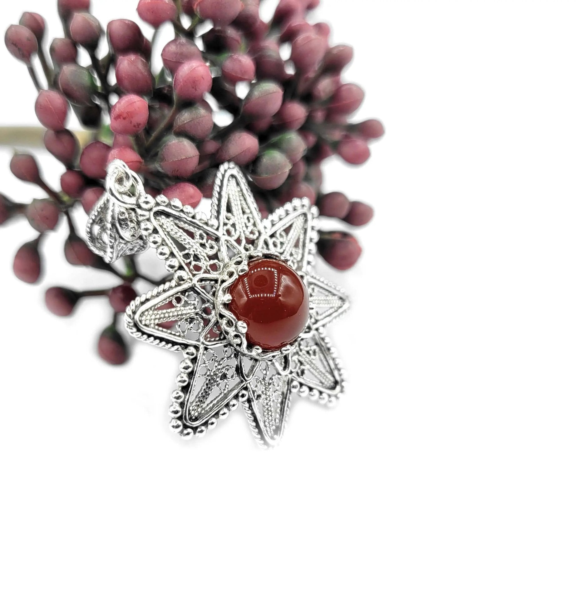 Filigree Art Carnelian Gemstone Sunflower Design Women Silver Pendant Necklace - Drakoi Marketplace