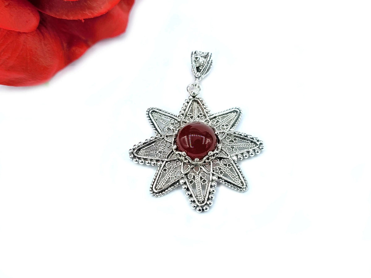 Filigree Art Carnelian Gemstone Sunflower Design Women Silver Pendant Necklace - Drakoi Marketplace