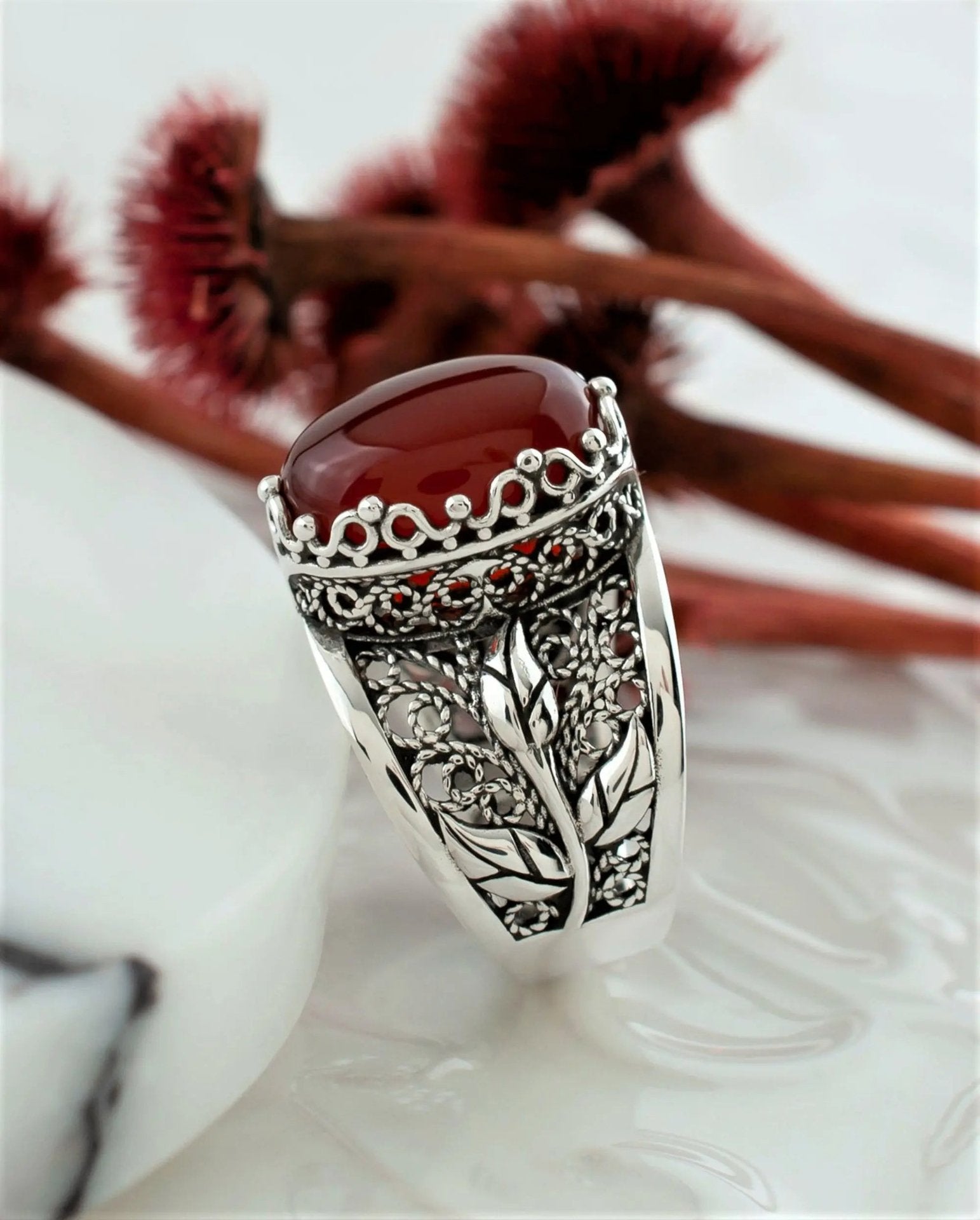 Filigree Art Carnelian Gemstone Tulip Detailed Silver Women Statement Ring - Drakoi Marketplace