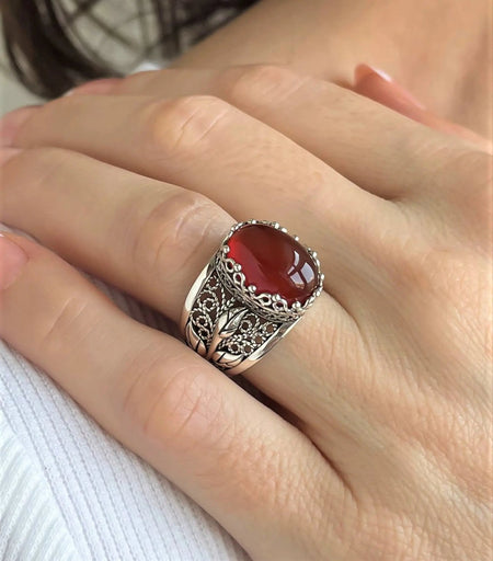 Filigree Art Carnelian Gemstone Tulip Detailed Silver Women Statement Ring - Drakoi Marketplace