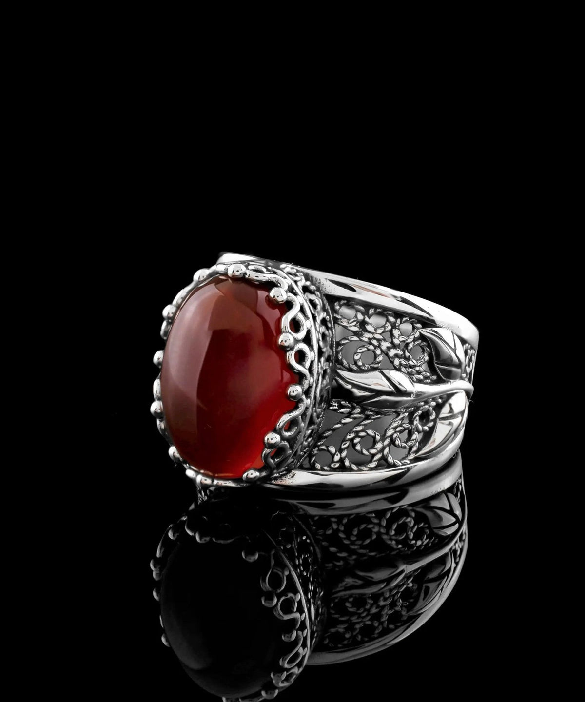 Filigree Art Carnelian Gemstone Tulip Detailed Silver Women Statement Ring - Drakoi Marketplace