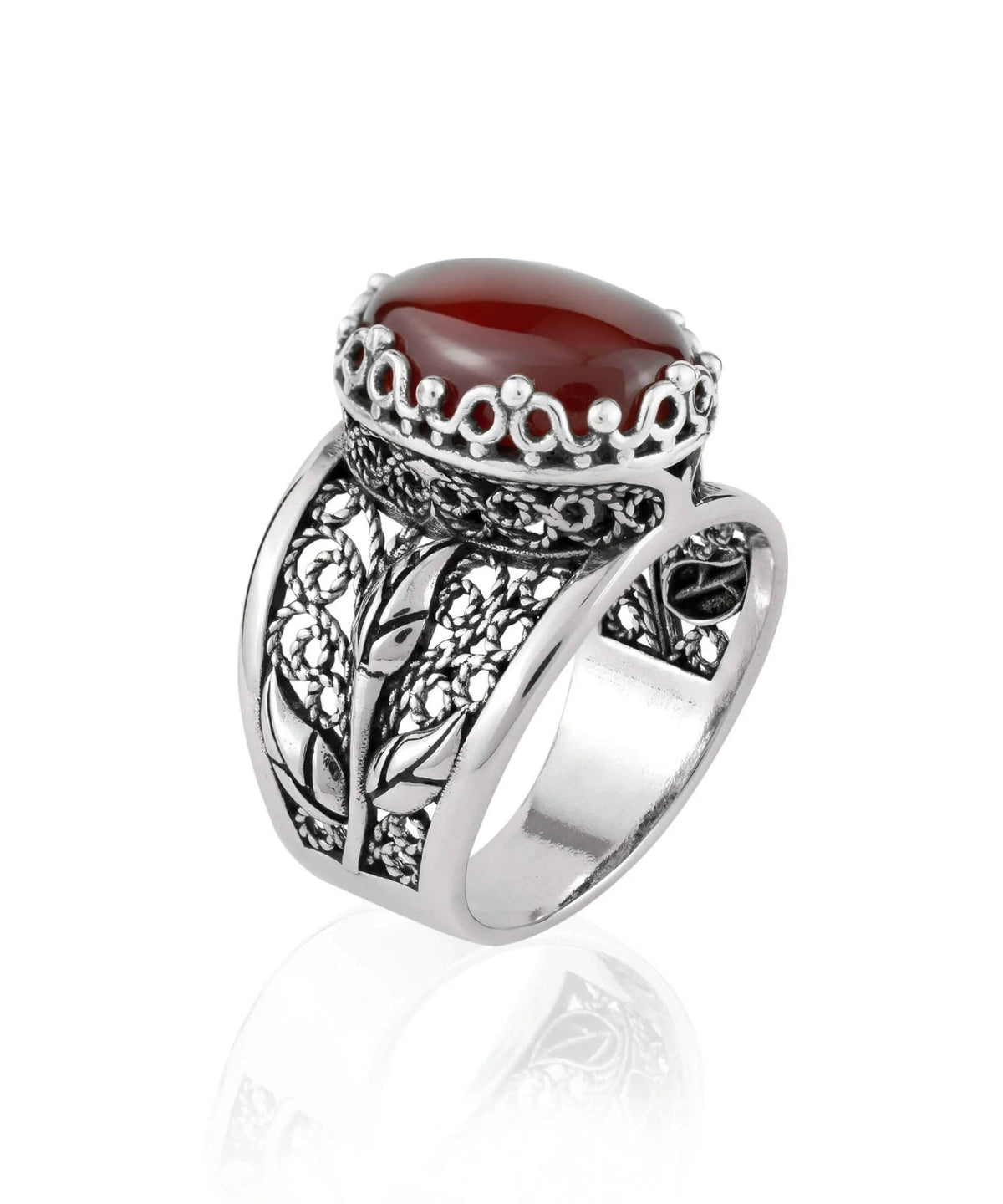 Filigree Art Carnelian Gemstone Tulip Detailed Silver Women Statement Ring - Drakoi Marketplace