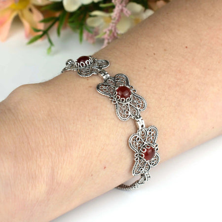 Filigree Art Carnelian Gemstone Women Butterfly Silver Link Bracelet - Drakoi Marketplace