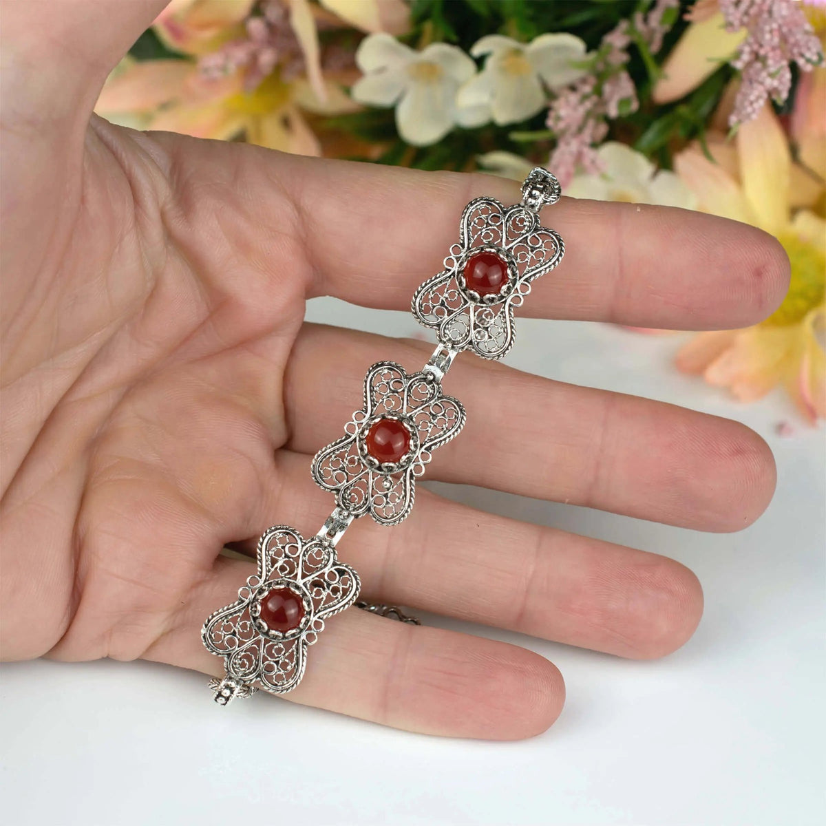 Filigree Art Carnelian Gemstone Women Butterfly Silver Link Bracelet - Drakoi Marketplace